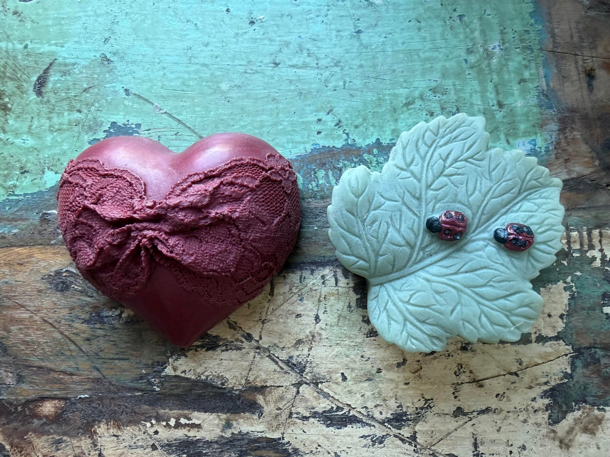 Lace Heart with Ladybut on Leaf - Deep Rose and Jade
